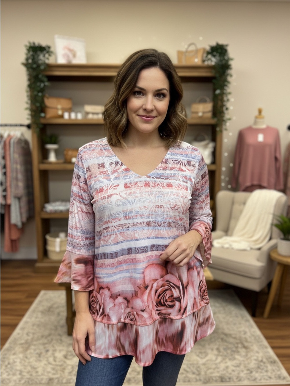 ONE WORLD Pink Floral & Stripe V-Neck Tunic EUC Size L